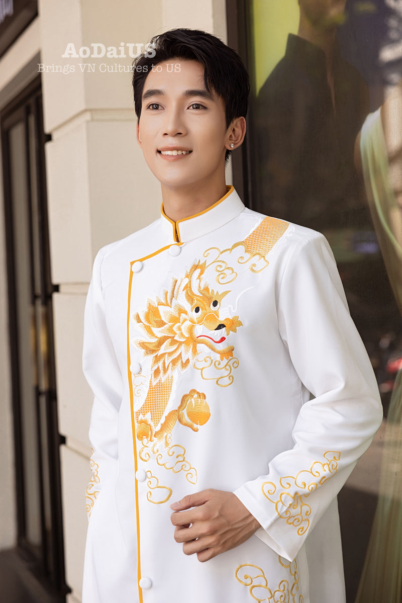 White Dragon Embroidery Men Ao Dai | Áo Dài Nam Trắng Thêu Rồng F26