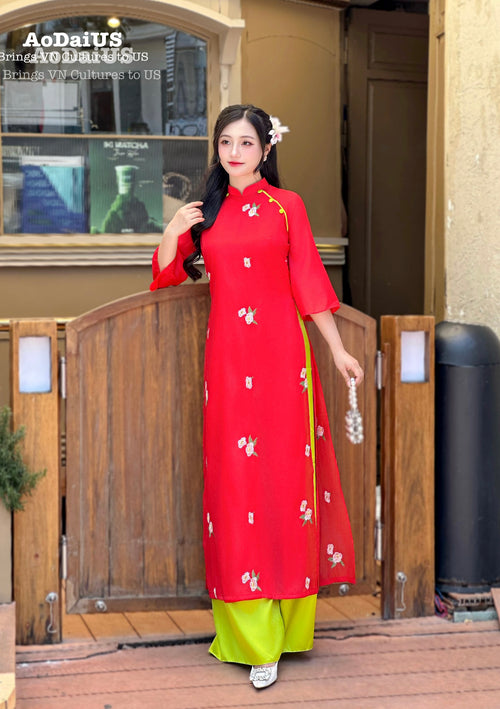 Floral Embroidered Red Modern Áo Dài Set for Women | Áo Dài Cách Tân Thêu Hoa F42