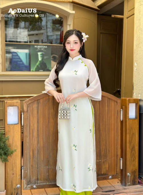 Floral Embroidered White Modern Áo Dài Set for Women | Áo Dài Cách Tân Thêu Hoa F42