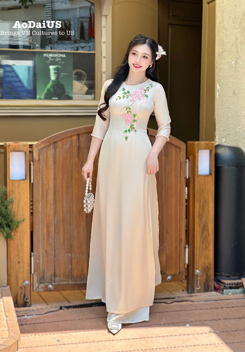 Ribbon Embroidery Floral Beige Ao Dai with Pearls NO Pants | o Di Ke Ao Dai US Ribbon Embroidery Floral Beige Ao Dai with Pearls NO Pants | o Di Ke Ao Dai US