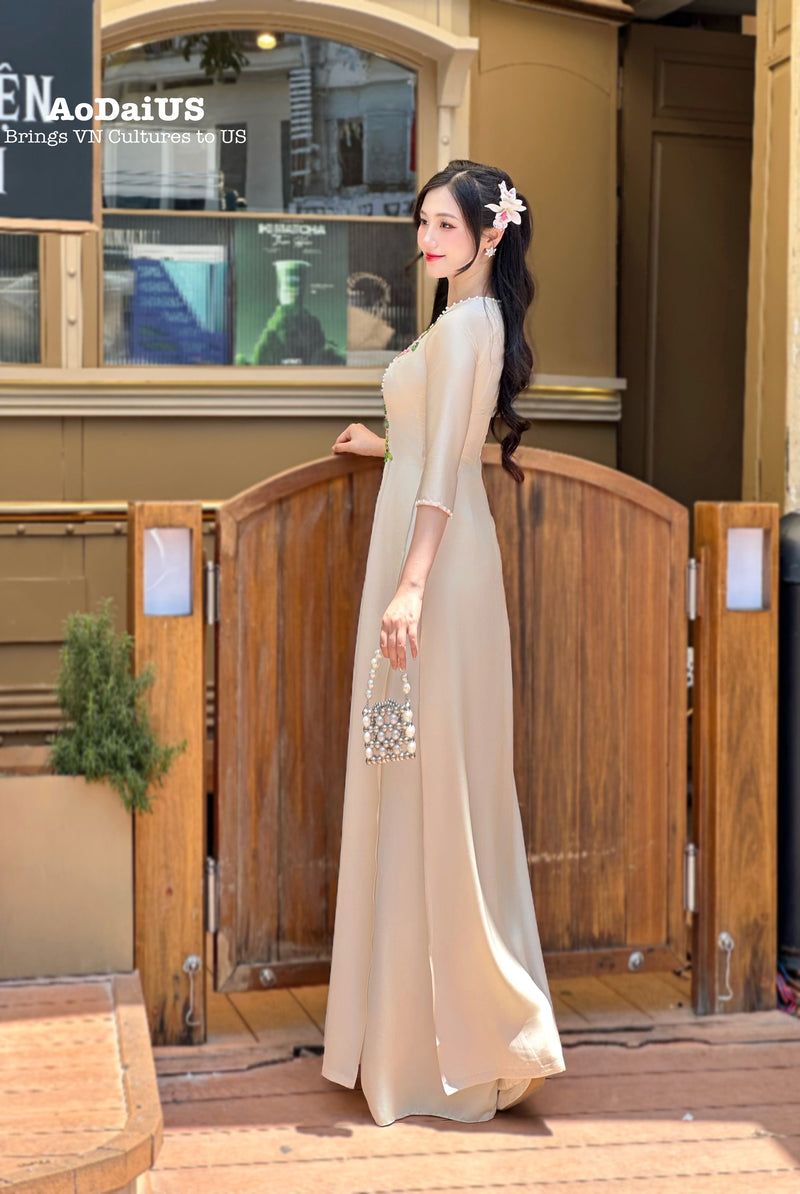 Ribbon Embroidery Floral Beige Ao Dai with Pearls NO Pants | o Di Ke Ao Dai US Ribbon Embroidery Floral Beige Ao Dai with Pearls NO Pants | o Di Ke Ao Dai US