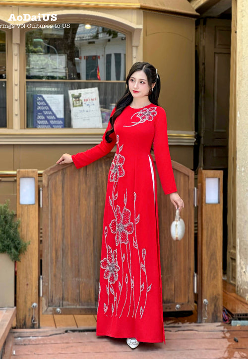 Red Ao Dai with Pearls and Crystal No Pants | Vietnamese Traditional Ao Dai A1