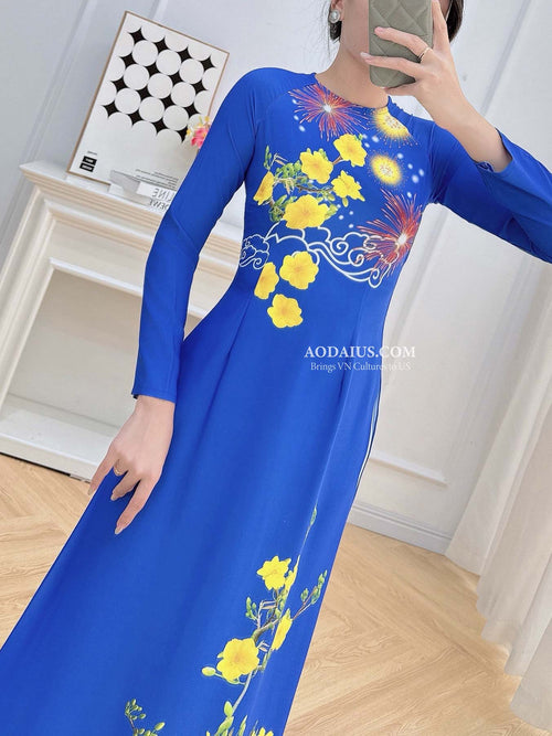 Blue Tet Fireworks & Golden Mai Vietnamese Traditional Ao Dai No Pants H1