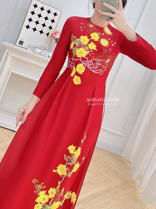 Red Tet Fireworks & Golden Mai Vietnamese Traditional Ao Dai No Pants H1