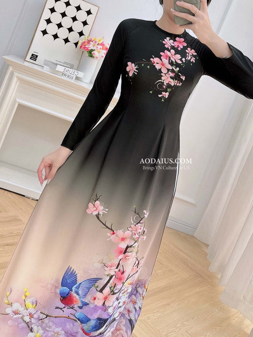 Black Spring Melody Birds Vietnamese Traditional Ao Dai No Pants N14