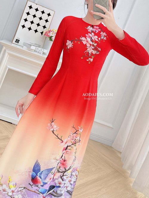 Red Spring Melody Birds Vietnamese Traditional Ao Dai No Pants N14