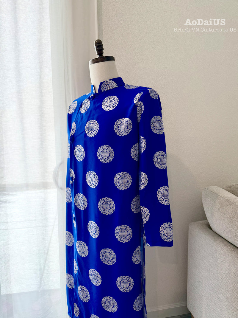 Blue Longevity Vietnamese Men Ao Dai | Gấm Thái Tuấn J1