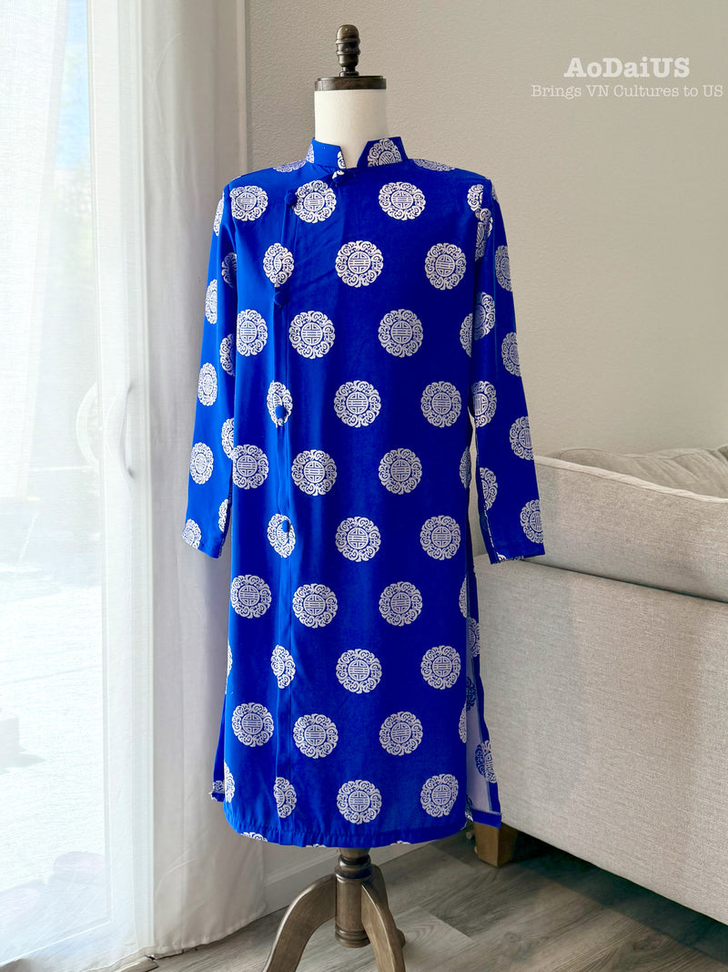 Blue Longevity Vietnamese Men Ao Dai | Gấm Thái Tuấn J1