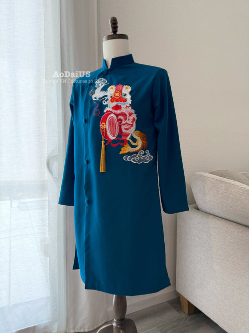 Teal Lion Dance Vietnamese Ao Dai Top for Men M12