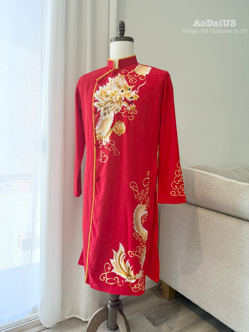 Aidan Men Ao Dai | Red Vietnamese Traditional Dress with a Dragon Embroidery J1
