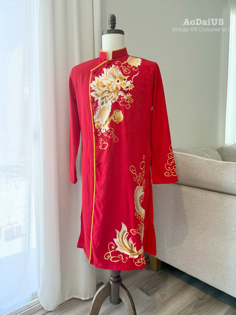 Aidan Men Ao Dai | Red Vietnamese Traditional Dress with a Dragon Embroidery J1