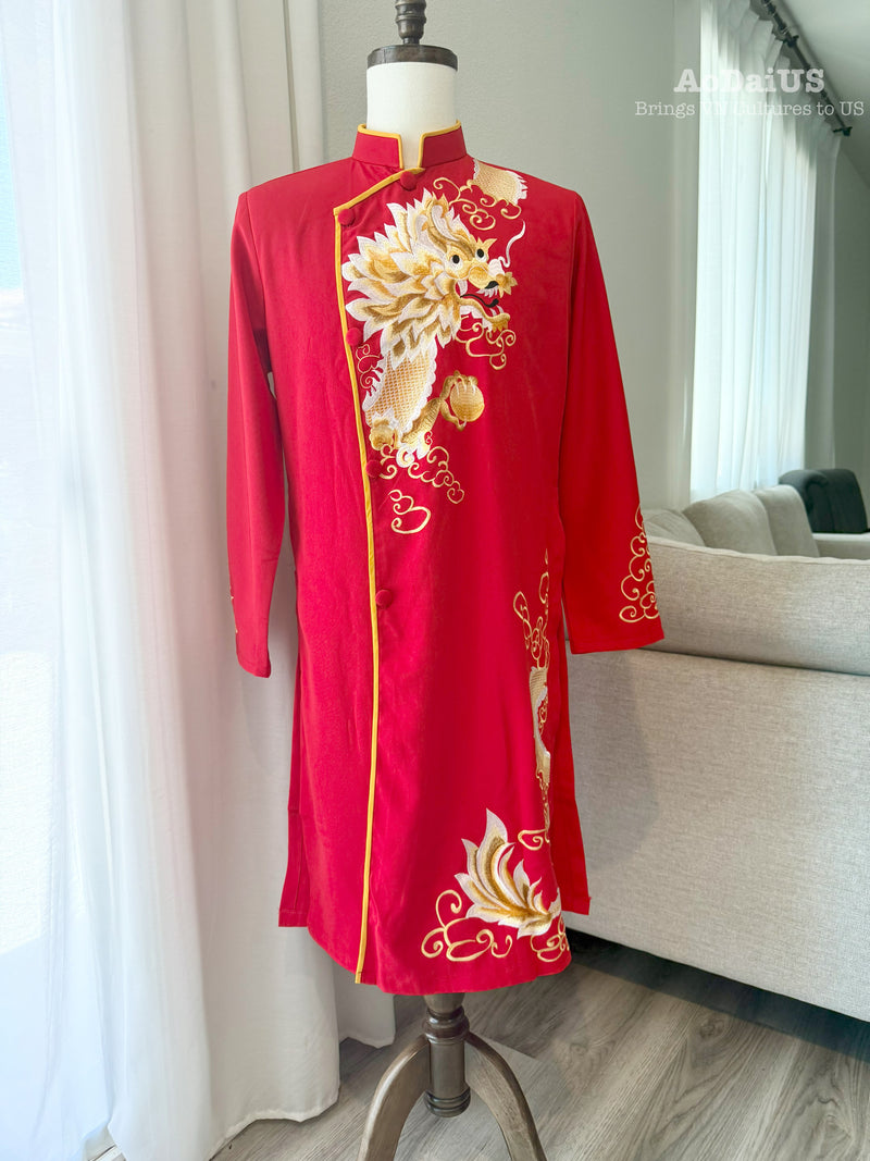 Aidan Men Ao Dai | Red Vietnamese Traditional Dress with a Dragon Embroidery J1