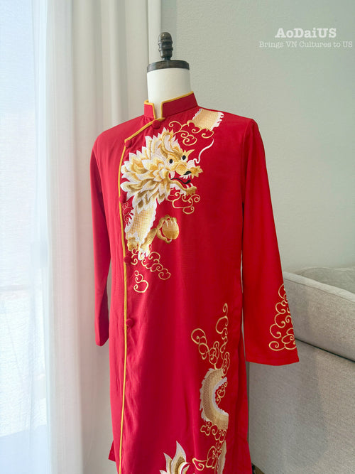 Aidan Men Ao Dai | Red Vietnamese Traditional Dress with a Dragon Embroidery J1