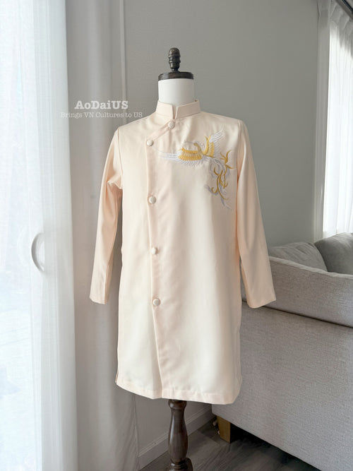 Cream Golden Phoenix Vietnamese Ao Dai Top for Men M4