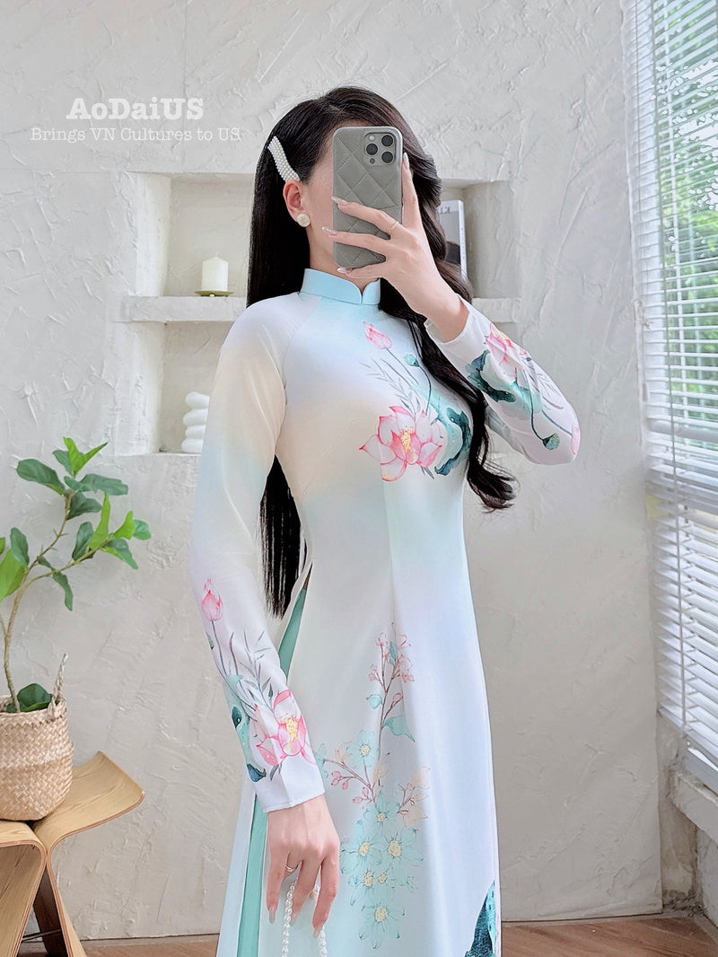 Pastel Lotus Grace Ao Dai Vietnamese Traditional Ao Dai H9