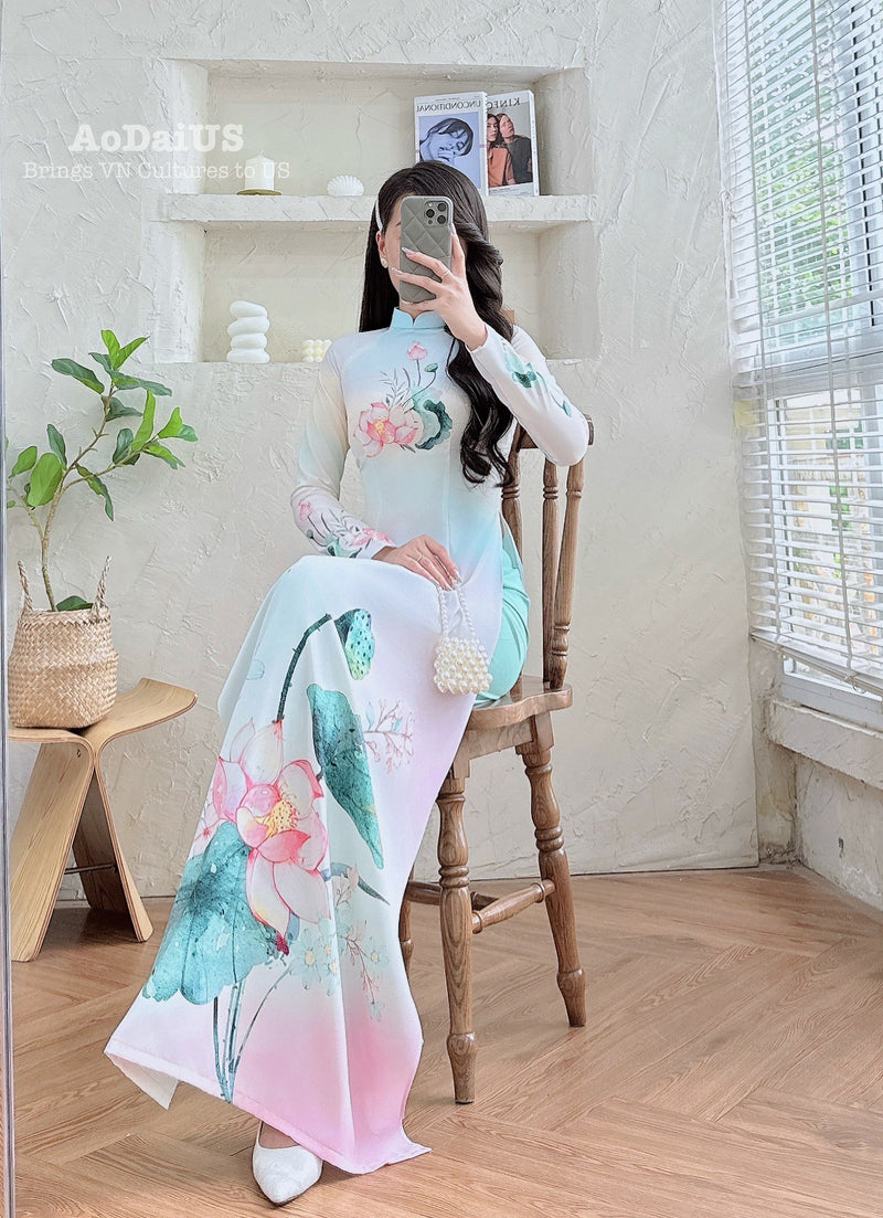 Pastel Lotus Grace Ao Dai Vietnamese Traditional Ao Dai H9