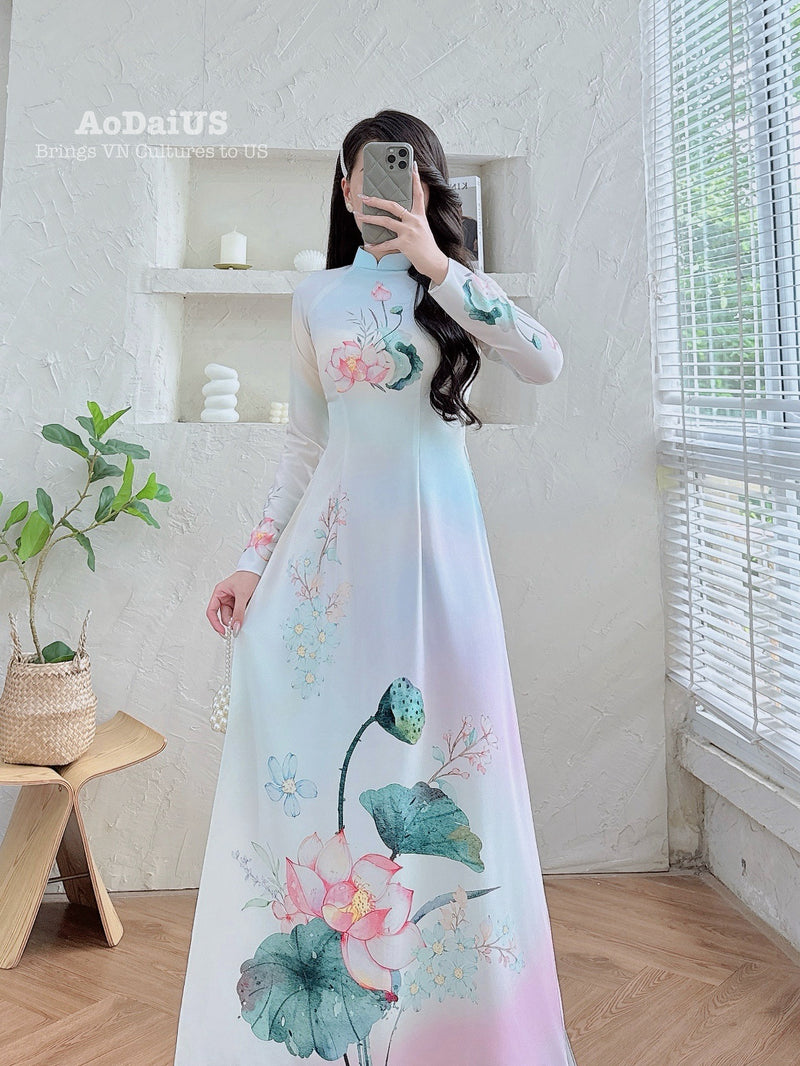 Pastel Lotus Grace Ao Dai Vietnamese Traditional Ao Dai H9