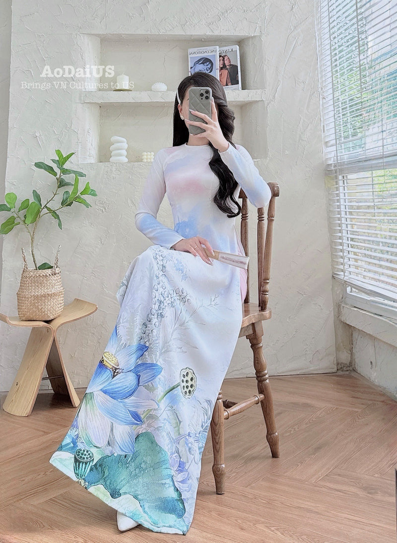 Blue Lotus Elegance Ao Dai Vietnamese Traditional Ao Dai H7