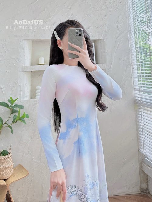 Blue Lotus Elegance Ao Dai Vietnamese Traditional Ao Dai H7