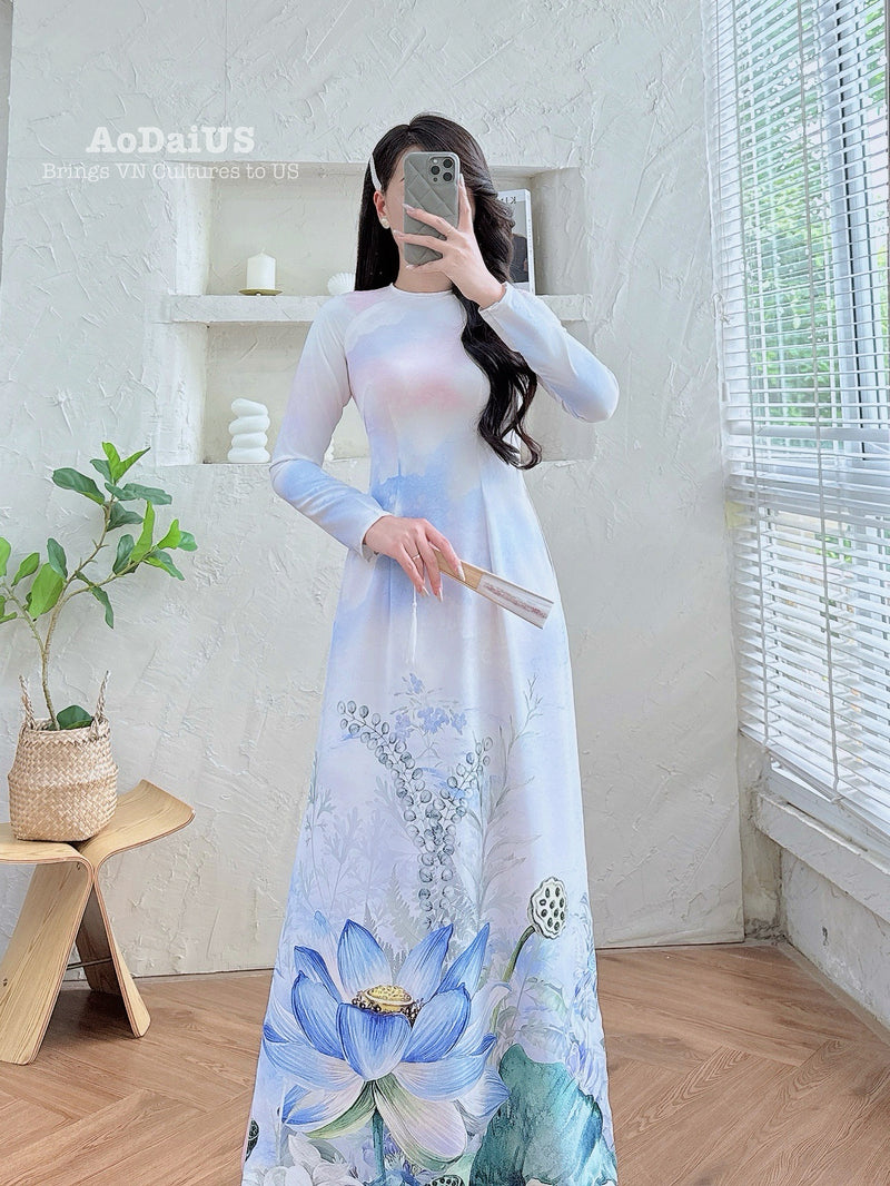 Blue Lotus Elegance Ao Dai Vietnamese Traditional Ao Dai H7