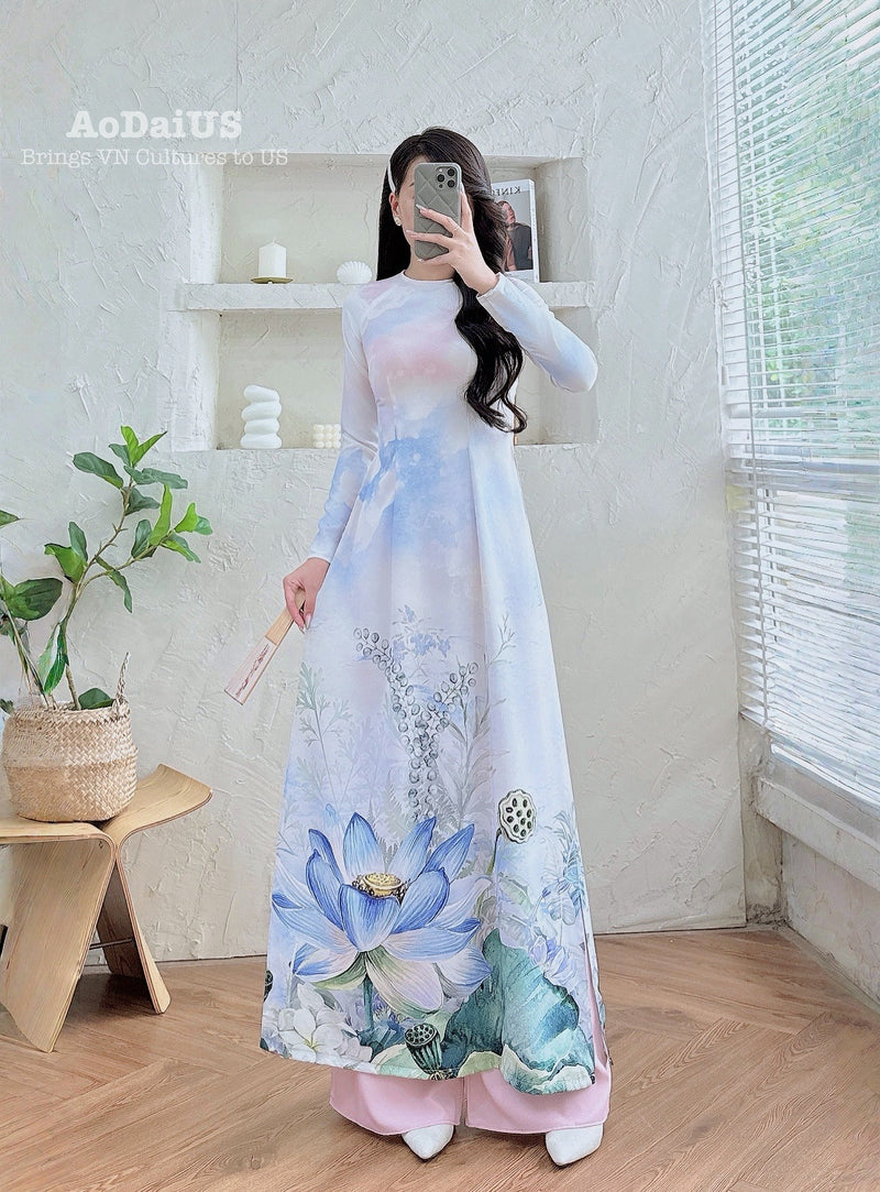 Blue Lotus Elegance Ao Dai Vietnamese Traditional Ao Dai H7