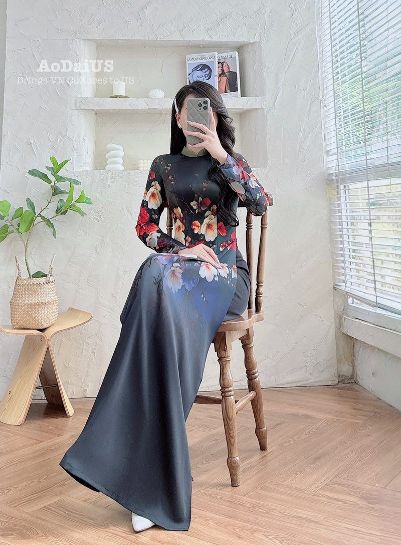 Enchanted Night Bloom Ao Dai Vietnamese Traditional Ao Dai H9