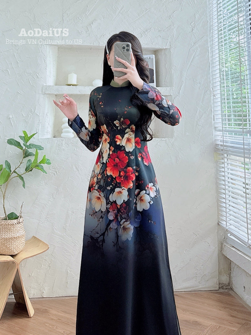 Enchanted Night Bloom Ao Dai Vietnamese Traditional Ao Dai H9