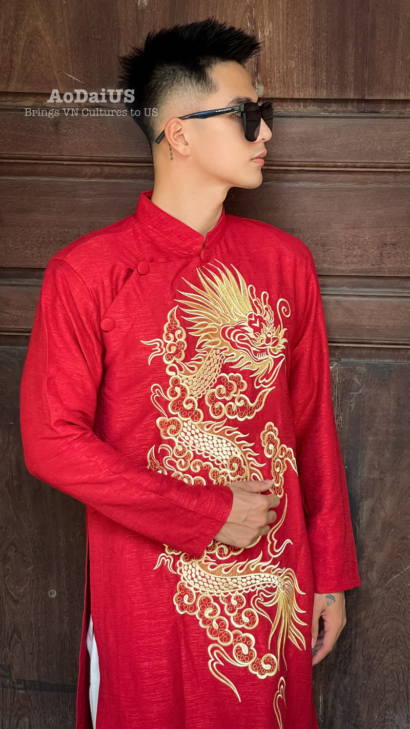 Drake Men Ao Dai | Red Vietnamese Traditional Dress with a Dragon Embroidery I31