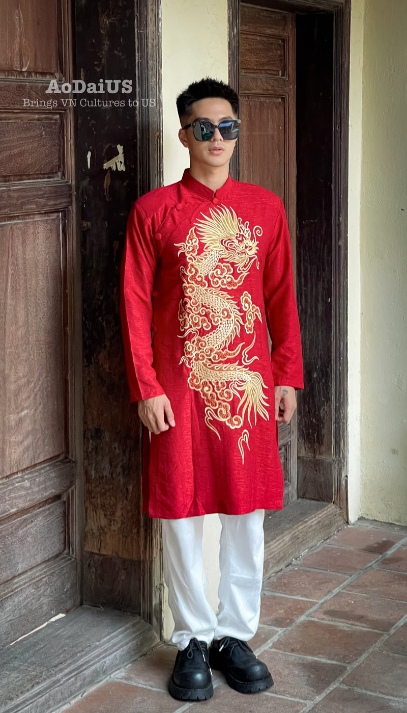 Drake Men Ao Dai | Red Vietnamese Traditional Dress with a Dragon Embroidery I31