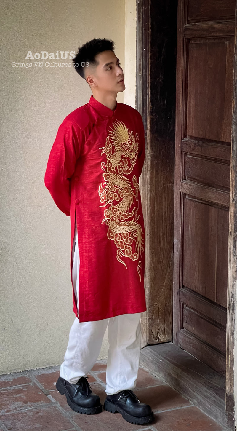 Drake Men Ao Dai | Red Vietnamese Traditional Dress with a Dragon Embroidery I31