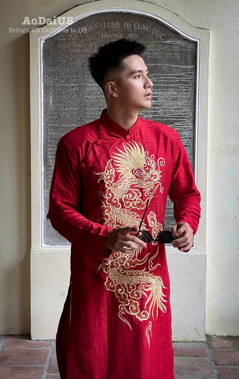 Drake Men Ao Dai | Red Vietnamese Traditional Dress with a Dragon Embroidery I31