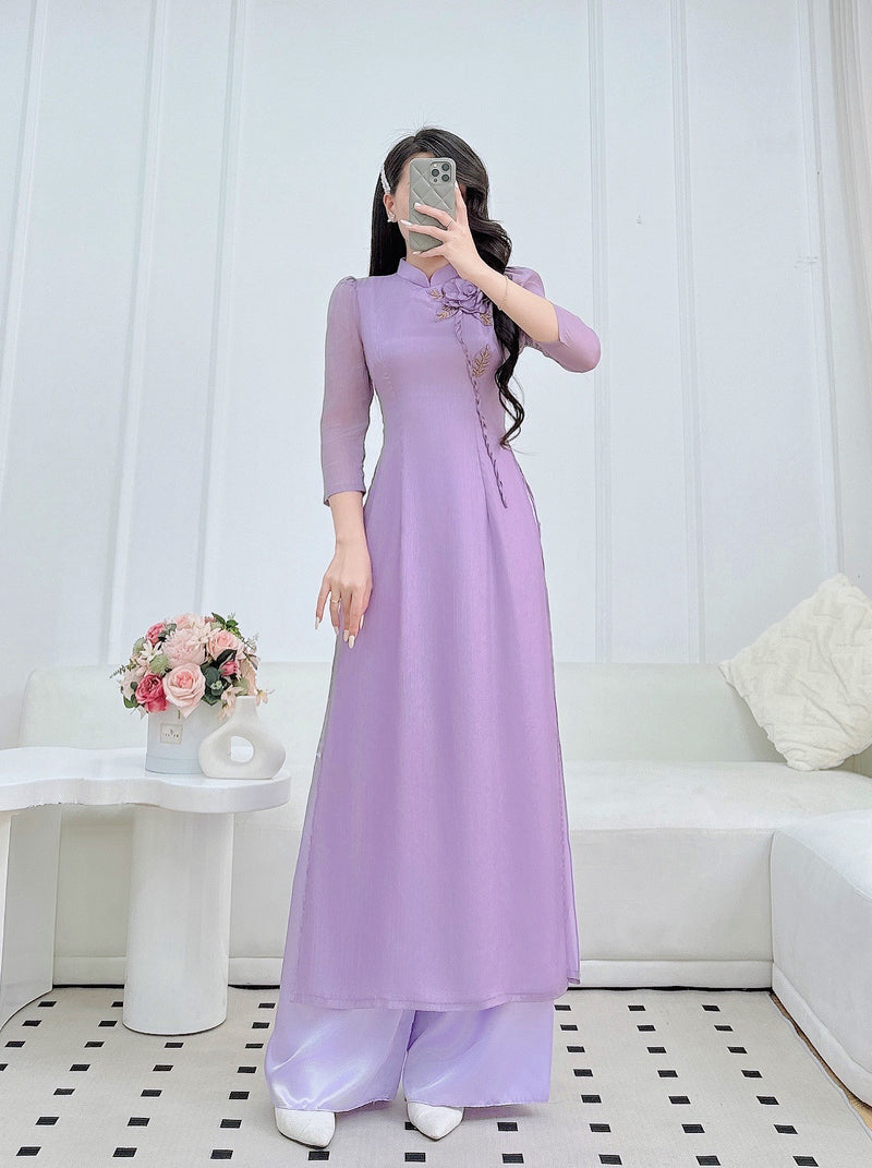 Pastel Purple 3D Rose Ao Dai- Double Layers Chiffon Silk | Vietnamese Traditional Dress | VN-A5