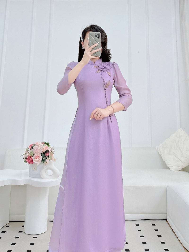 Pastel Purple 3D Rose Ao Dai- Double Layers Chiffon Silk | Vietnamese Traditional Dress | VN-A5