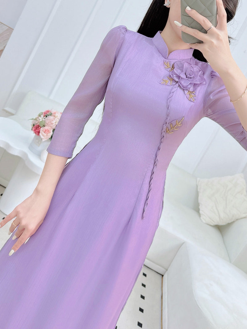 Pastel Purple 3D Rose Ao Dai- Double Layers Chiffon Silk | Vietnamese Traditional Dress | VN-A5