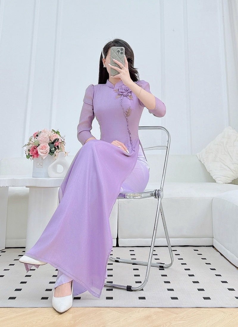 Pastel Purple 3D Rose Ao Dai- Double Layers Chiffon Silk | Vietnamese Traditional Dress | VN-A5