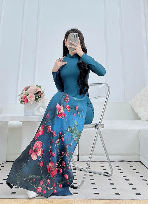 Teal Peach Blossom Printed Ao Dai For Women | Vietnamese Traditional Dress