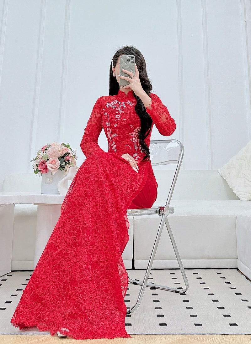 Red Lace Traditional Vietnamese Áo Dài with Rose and Butterflies Embellishments | VN-A3