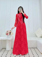 Red Lace Traditional Vietnamese Áo Dài with Rose and Butterflies Embellishments | VN-A3