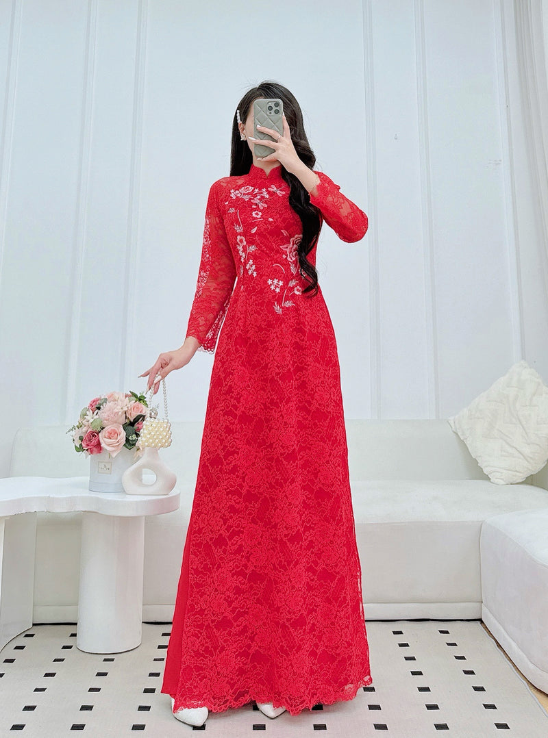 Red Lace Traditional Vietnamese Áo Dài with Rose and Butterflies Embellishments | VN-A3