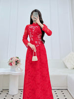 Red Lace Traditional Vietnamese Áo Dài with Rose and Butterflies Embellishments | VN-A3