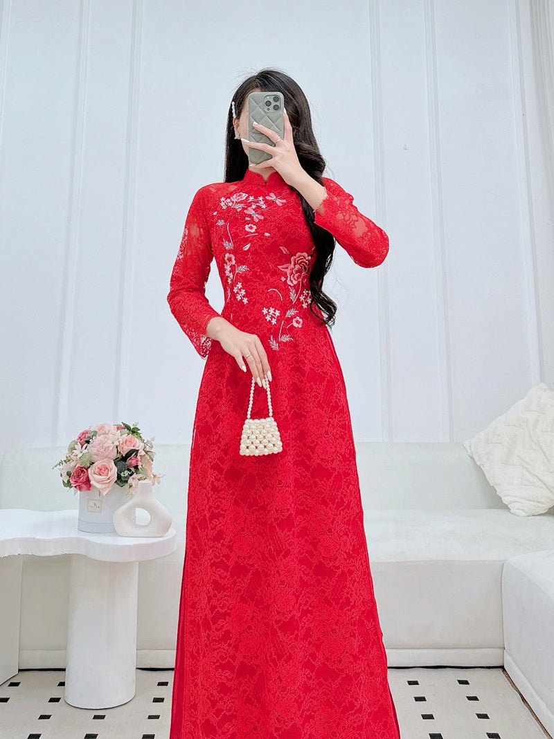 Red Lace Traditional Vietnamese Áo Dài with Rose and Butterflies Embellishments | VN-A3