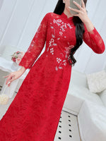 Red Lace Traditional Vietnamese Áo Dài with Rose and Butterflies Embellishments | VN-A3