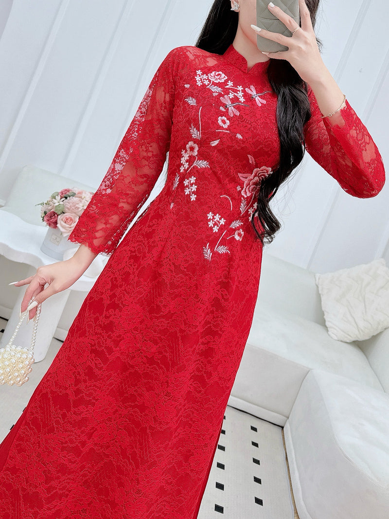 Red Lace Traditional Vietnamese Áo Dài with Rose and Butterflies Embellishments | VN-A3