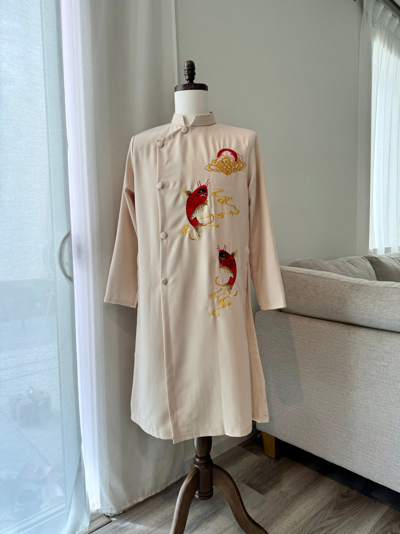 Vietnamese Beige Men Ao Dai | Áo Dài Nam Màu Kem | Koi Fish Transforming into Dragon I15