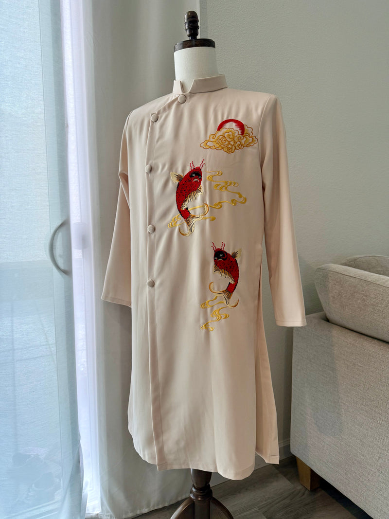 Vietnamese Beige Men Ao Dai | Áo Dài Nam Màu Kem | Koi Fish Transforming into Dragon I15