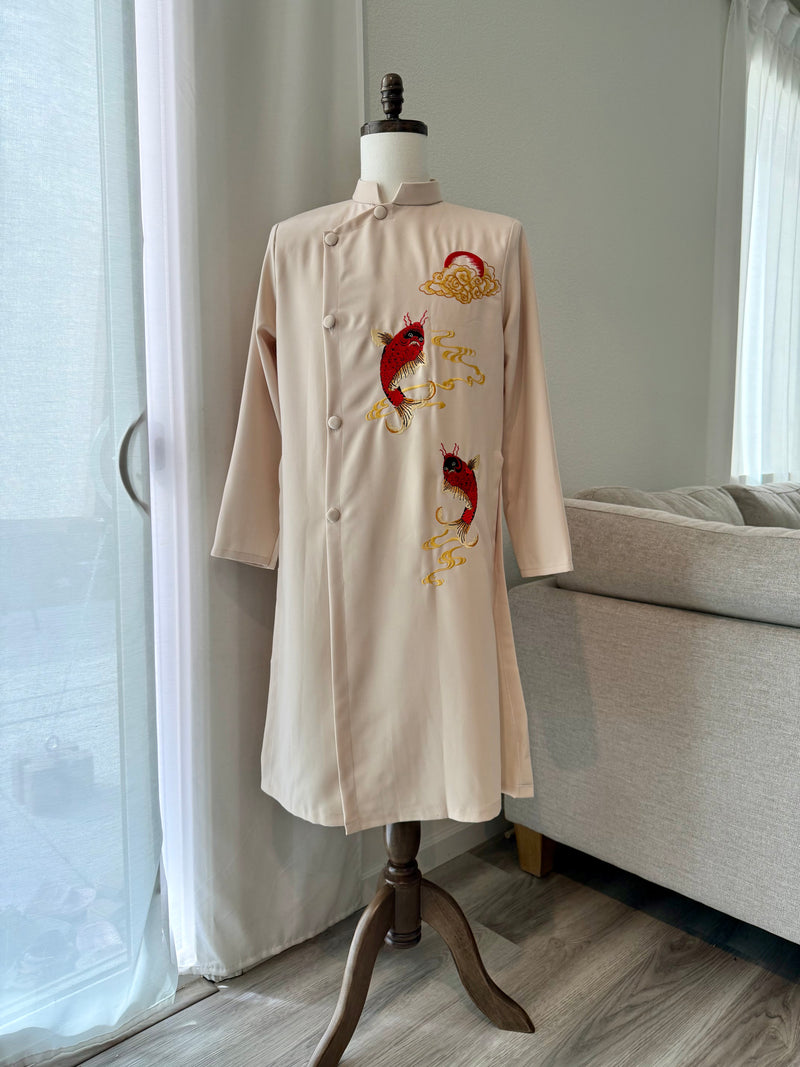 Vietnamese Beige Men Ao Dai | Áo Dài Nam Màu Kem | Koi Fish Transforming into Dragon I15