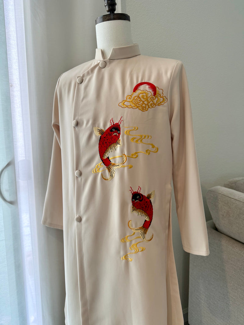 Vietnamese Beige Men Ao Dai | Áo Dài Nam Màu Kem | Koi Fish Transforming into Dragon I15