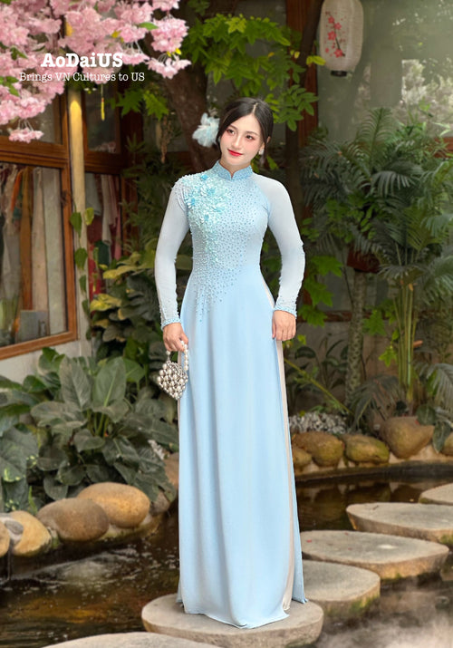 Blue Ao Dai with 3D Floral Embellishments and Crystals No Pants | Traditional Vietnamese Ao Dai A51