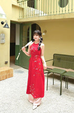 Floral Embroidery Sleeveless Red Ao Dai No Pants | Modern Yếm Inspired Ao Dai H33