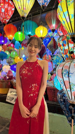 Floral Embroidery Sleeveless Red Ao Dai No Pants | Modern Yếm Inspired Ao Dai H33